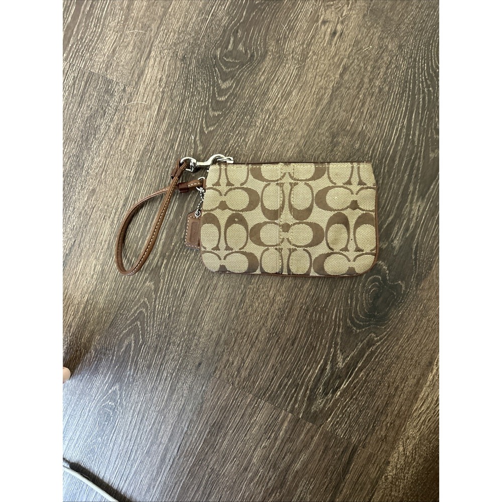 COACH Brown Leather Signature Canvas SMALL Slim Zip Wristlet W/ Coach Tag